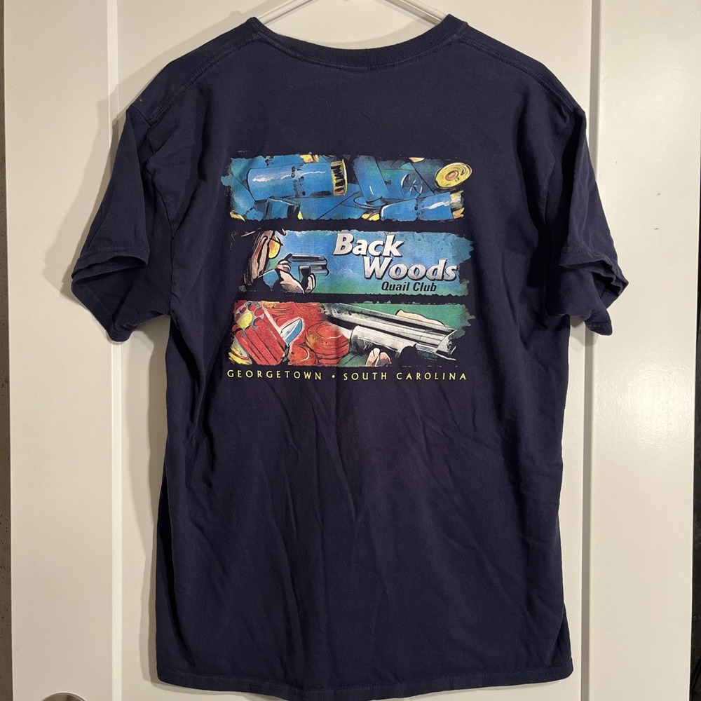 Back Woods Quail Club Georgetown SC Men’s Blue Large Tshirt Gildan Cotton